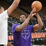 Nov 21, 2024; Toronto, Ontario, CAN; Toronto Raptors center Bruno Fernando (24) warms up before playing the Minnesota Timberwolves at Scotiabank Arena. Mandatory Credit: Dan Hamilton-Imagn Images