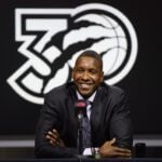 Sep 30, 2024; Toronto, Ontario, Canada; Toronto Raptors vice chairman and team president Masai Ujiri talks to the media during media day at Scotiabank Area. Mandatory Credit: John E. Sokolowski-Imagn Images