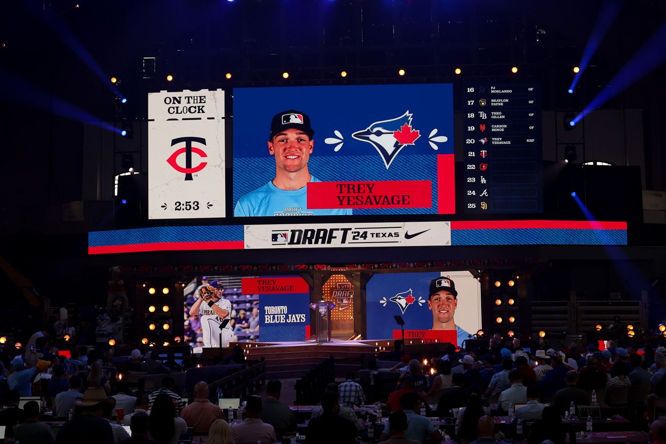 Trey Yesavage is drafted by the Toronto Blue Jays with the 20th pick during the first round of the MLB Draft at Cowtown Coliseum.
