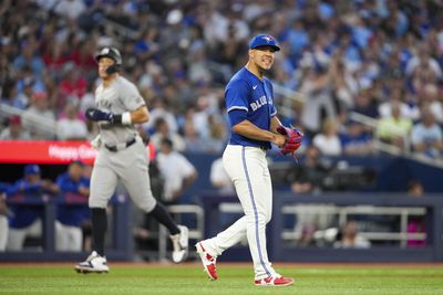  Toronto Blue Jays pitcher José Berríos (17) reacts after giving up a home run during the fifth inning in their MLB game against the New York Yankees at Rogers Centre.